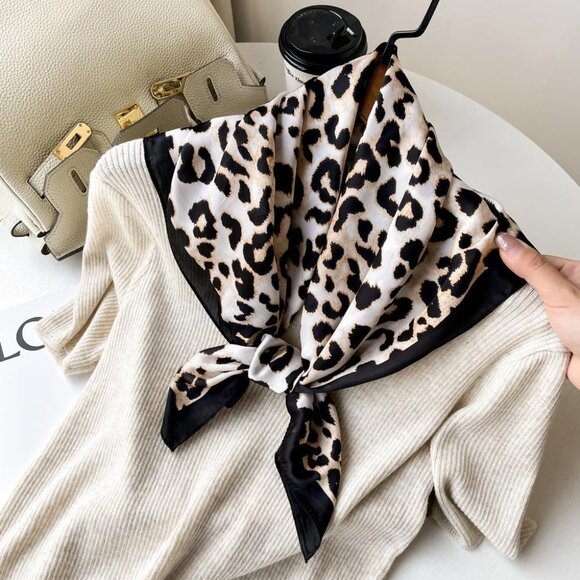 Women Beige Leopard Headscarf Satin Bandana Pattern Polyester Breathable Scarves - Picture 5 of 7